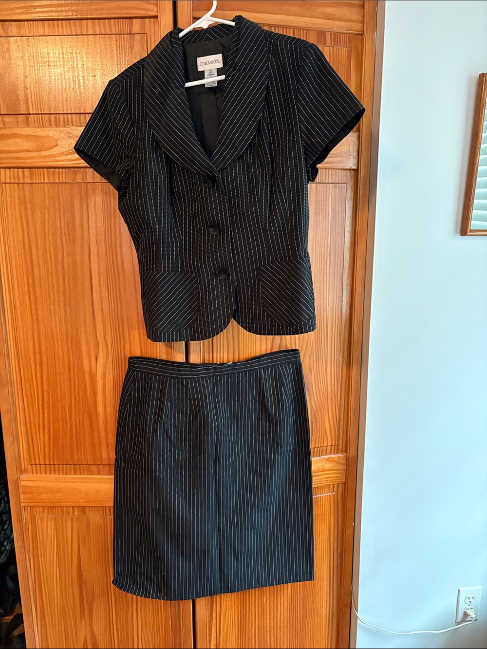 Chadwicks Black Pinstripe Short-Sleeve Skirt Suit